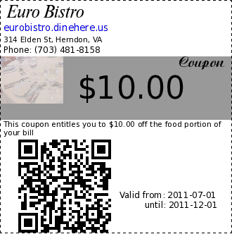 Euro Bistro coupon : This coupon entitles you to $10.00 off the food portion of your billMin. $50